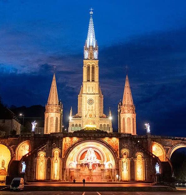 lourdes-basilica-pilgrimage lourdes basilica at night pilgrimage tour