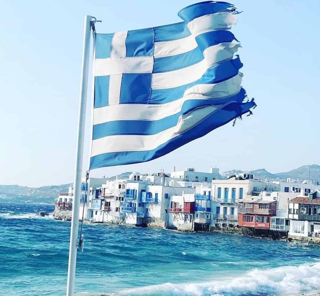 mykonos-flag-greece-pilgrimage Greece Flag on Mykonos pilgrimage tour st paul