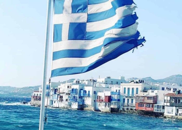 mykonos-flag-greece-pilgrimage Greece Flag on Mykonos pilgrimage tour st paul
