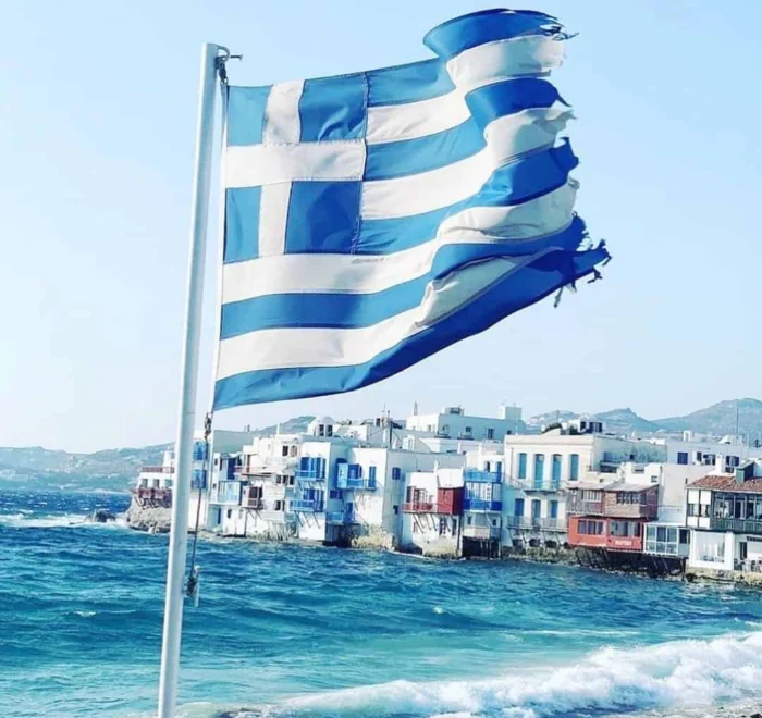 mykonos-flag-greece-pilgrimage Greece Flag on Mykonos pilgrimage tour st paul