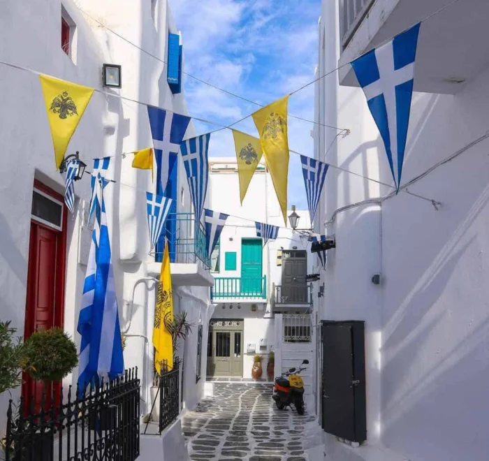 mykonos-flags-greece-pilgrimage flags flying at Mykonos greece pilgrimage tour st Paul
