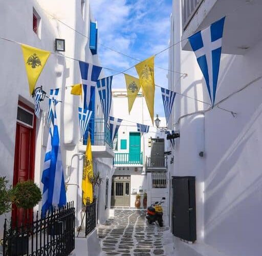 mykonos-street-flags-greece mykonos street flags pilgrimage