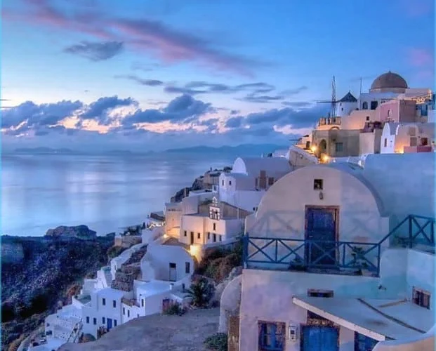 santorini-dusk-greece-pilgrimage santorini at dusk greece food and faith pilgrimage tour